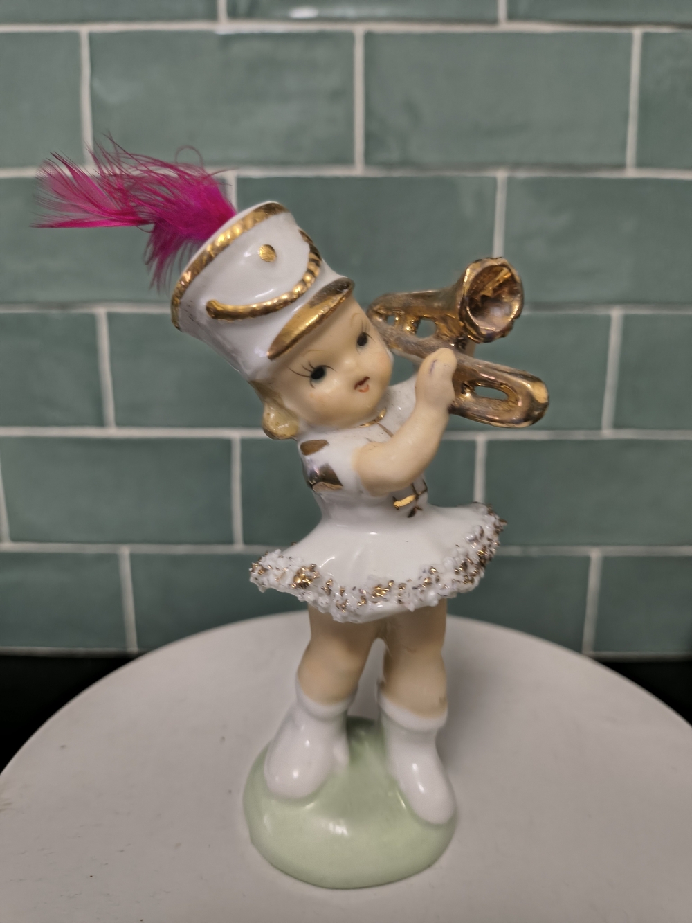 Vintage Ucagco Porcelain Marching Band Figurine Trumpet Feather Hat